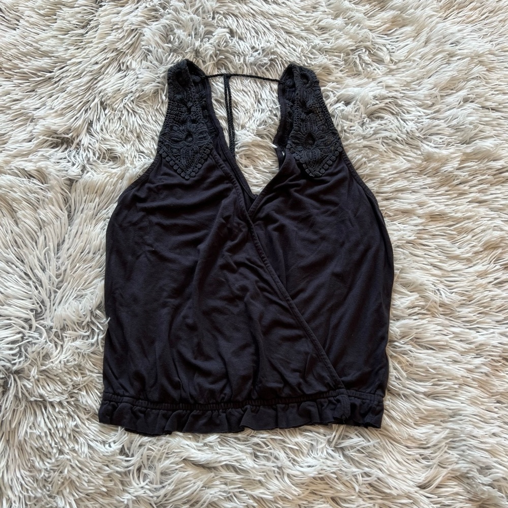 American Eagle Navy Crop Top V Neck Wrap Style Lace Embroidery XS
